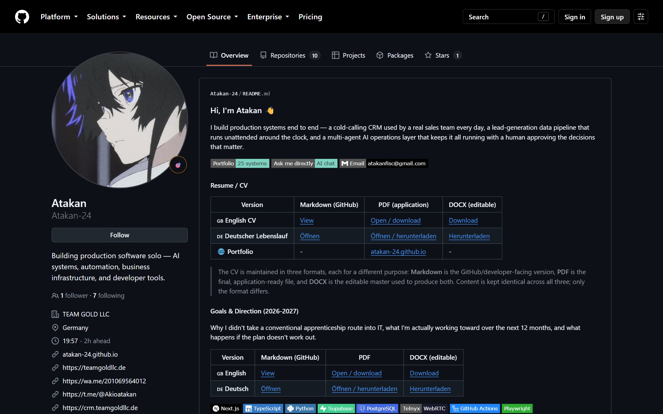 My GitHub profile with CV, goals and public repositories
